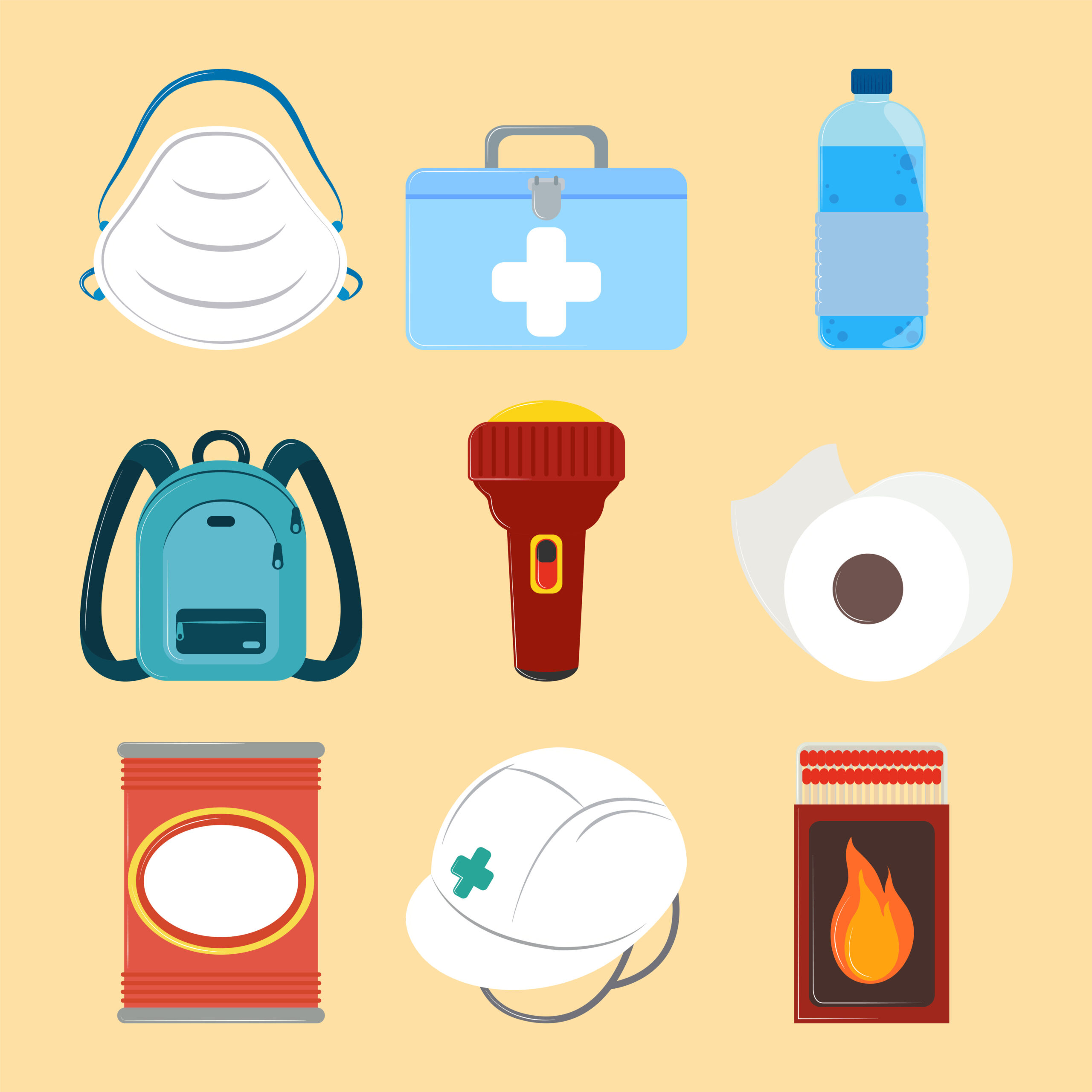 survival emergency kit icon set